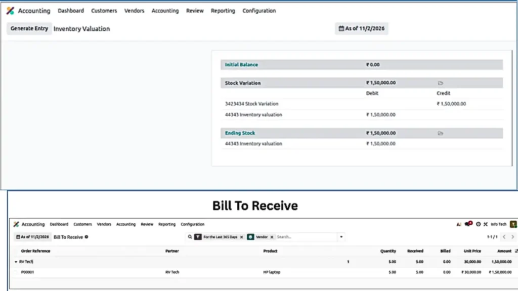 Inventory Valuation and Bill to received Report in Odoo 19