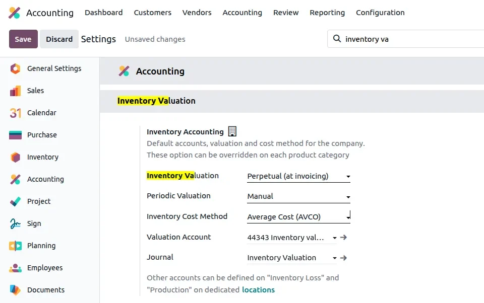 Inventory valuation Configuration