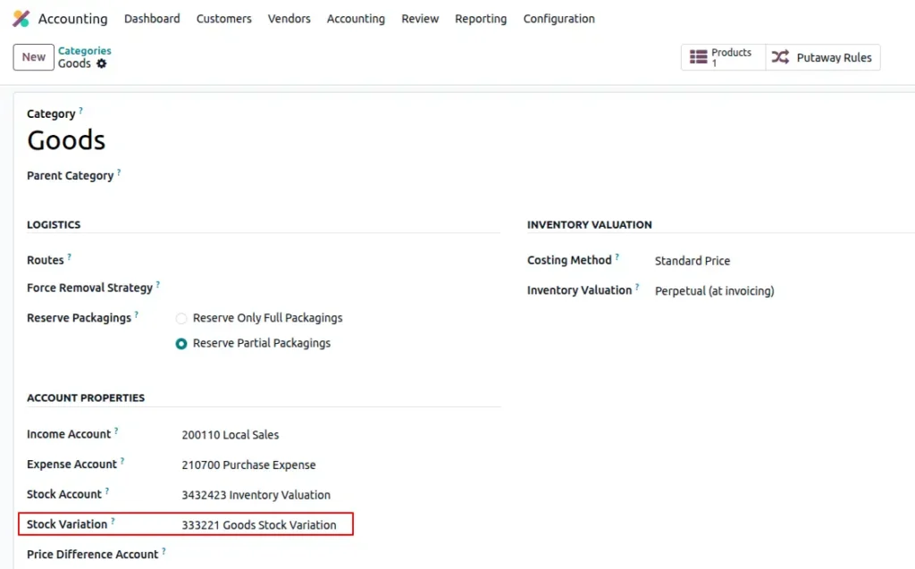 Stock variation account in odoo19