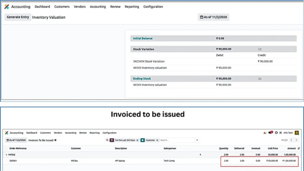 Inventory valuation and invoiced to be issued report 