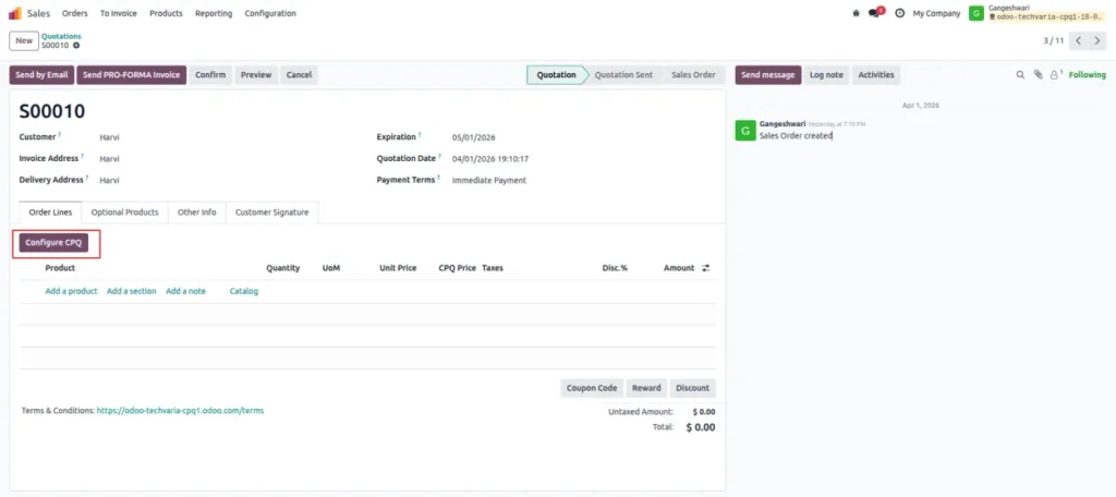 Create quotation for CPQ product in Odoo