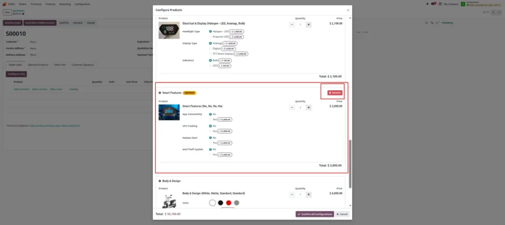 Remove optional products in quotation in Odoo