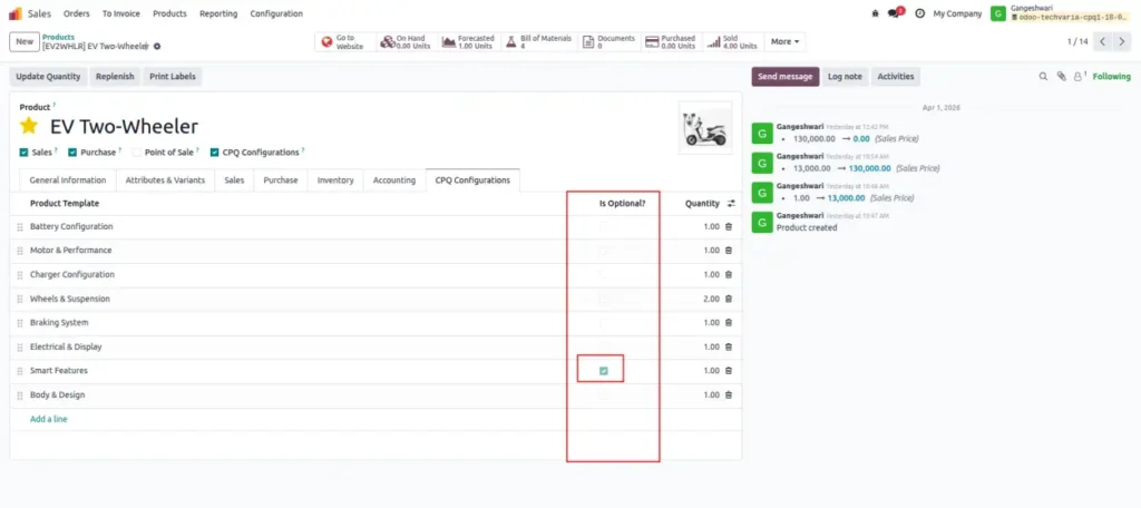 optional column in the CPQ configuration in Odoo
